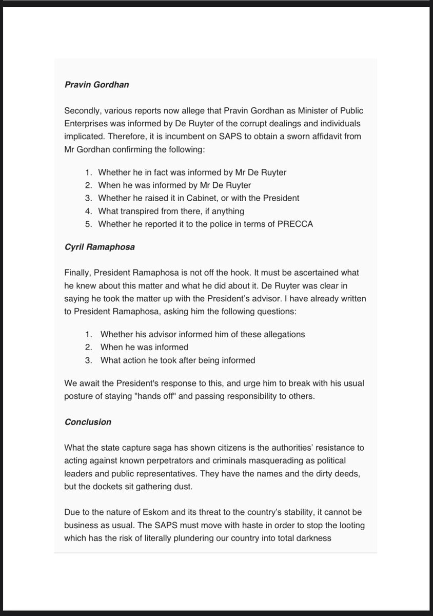 MmusiMaimane's tweet photo. ‼️Announcement‼️

I have opened criminal case legally compelling Andre De Ruyter and Pravin Gordhan to divulge any and all on Eskom looting. 

I have laid charges against the following individuals;
1. Andre De Ruyter
2. Pravin Gordhan
3. Cyril Ramaphosa. https://t.co/f6cVYqtNRu