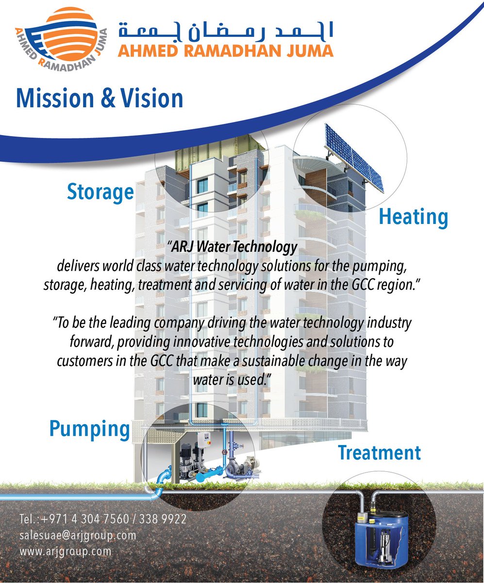 AHMED RAMADHAN JUMA
Mission & Vision
arjwatertechnology.com
+971 4 304 7560/338 9922
#Xylem #Lowara #pumping #sewage #watersolutions #residentialbuilding #commercialbuilding #industry #irrigation #municipalservices #maintenanceservices #ARJWaterTechnology #ARJFamily