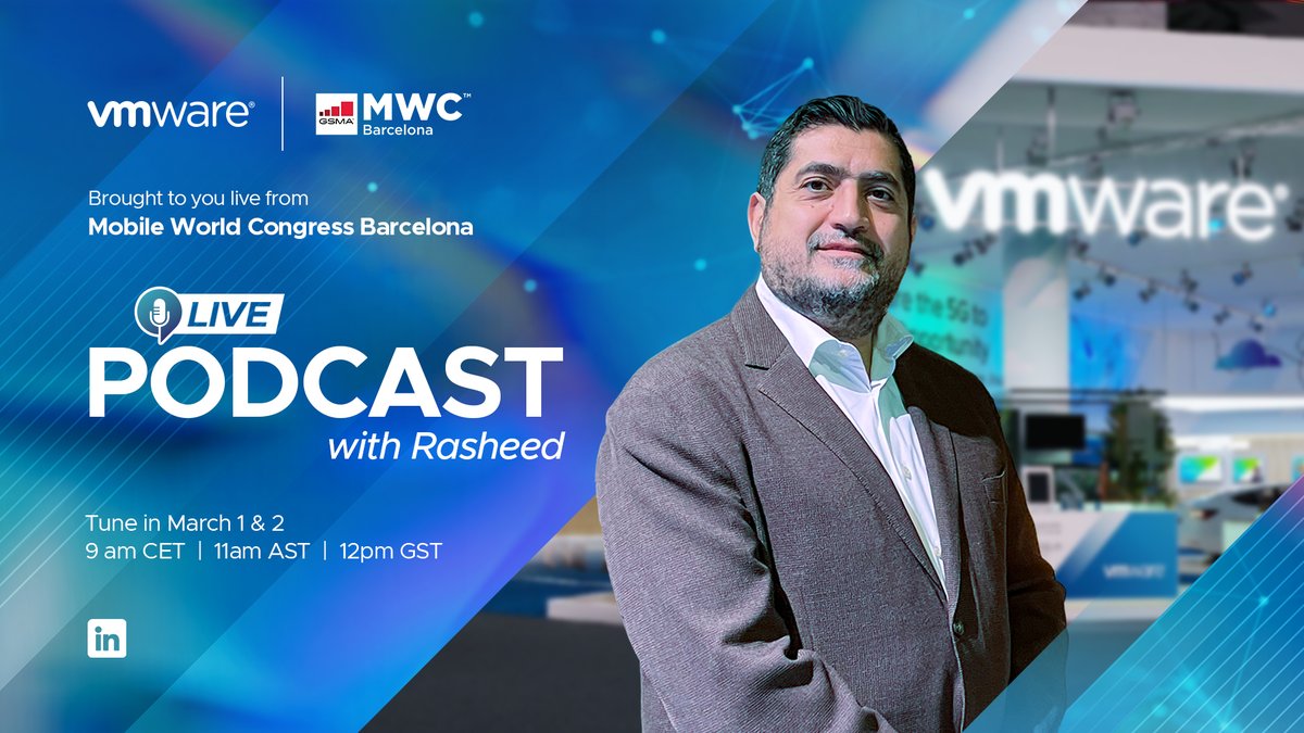 VMware_ME's tweet photo. Join Rasheed as he hosts his famous live podcast at Mobile World Congress, Barcelona. Tune in as he covers all the hottest topics in innovation & technology, March 1 & 2. Mark your calendars & watch this space for more information!
#VMware #VMwareAtMWC #VmwareOnAir #MWC23 https://t.co/SqmmNf2yBT