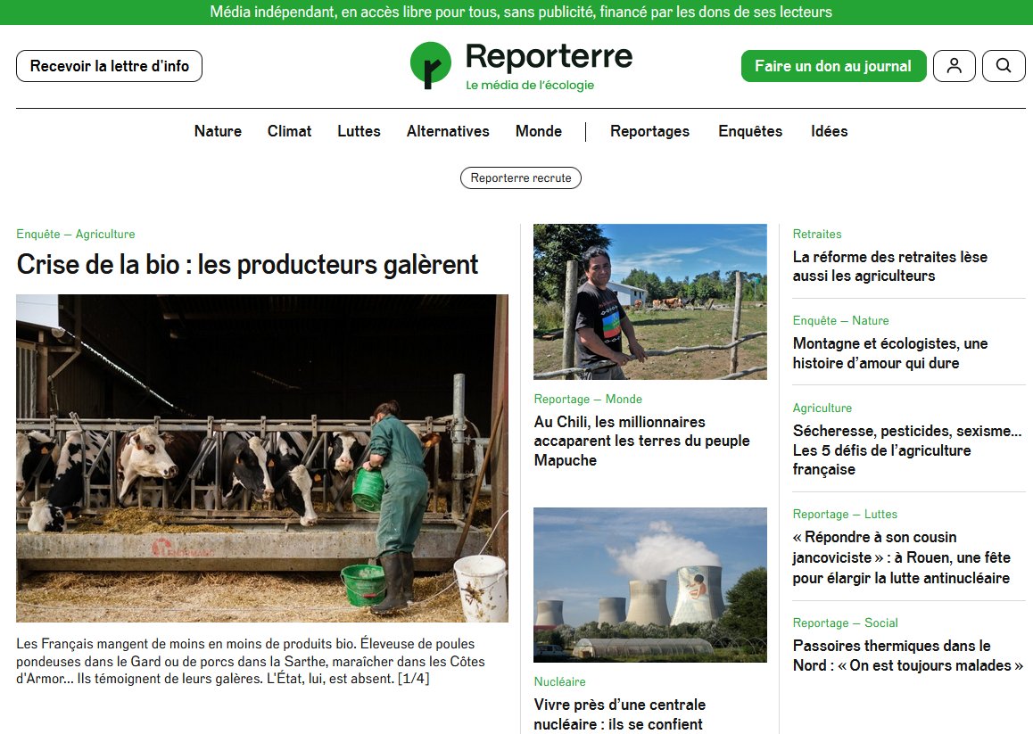 Reporterre's tweet photo. 📰Ce matin sur https://t.co/CUvxzpQq33:

1⃣ Crise de la bio : les producteurs galèrent @sitarelle 

2⃣ Au Chili, les millionnaires accaparent les terres du peuple Mapuche @EnzoDubesset @ChevaillierEmma

3⃣ Vivre près d’une centrale nucléaire : ils se confient @DoleancesAtomik https://t.co/6WenMPA1CT