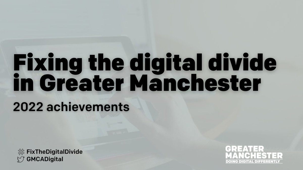 GMCAdigital's tweet image. Happy Monday!
As we get stuck into 2023, continuing to tackle digital exclusion and drive forward the ambitions of Greater Manchester becoming a leading digital city, we're taking a look back and celebrating the achievements made in 2022 in our efforts to #FixTheDigitalDivide

🧵