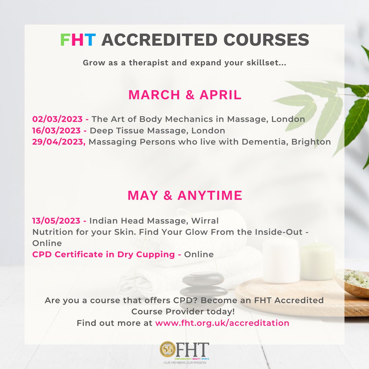 FHT (@fht_org) on Twitter photo Here is this week's list of great FHT accredited courses to take a look at. Will you be booking your place onto one? Let us know!🙌✨
Book here: lnkd.in/dcay9nZd
#therapy #therapist #therapists #holistic Here is this week's list of great FHT accredited courses to take a look at. Will you be booking your place onto one? Let us know!🙌✨
Book here: lnkd.in/dcay9nZd
#therapy #therapist #therapists #holistic