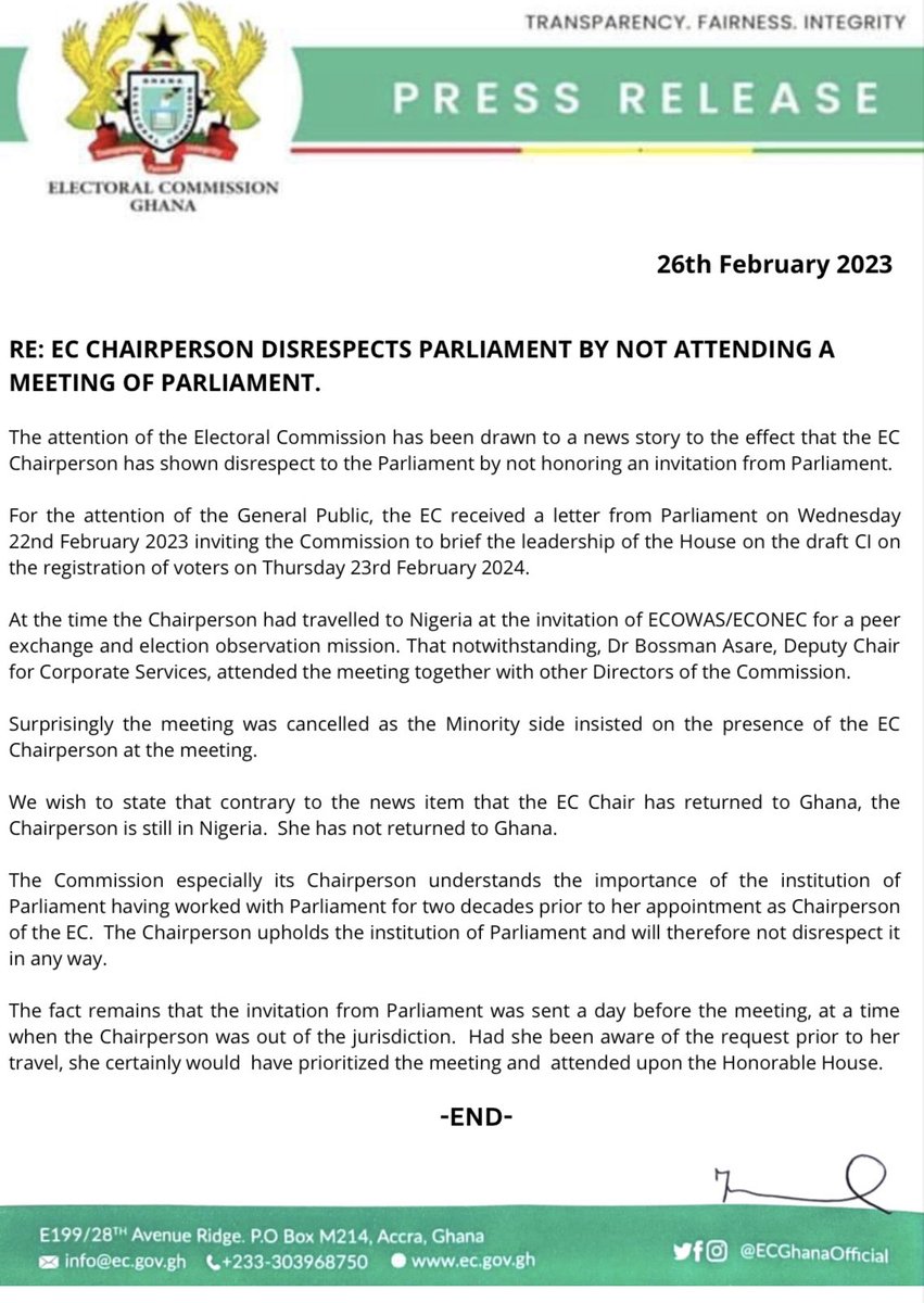ECGhanaOfficial's tweet photo. RE: EC CHAIRPERSON DISRESPECTS PARLIAMENT BY NOT ATTENDING A MEETING OF PARLIAMENT https://t.co/HUPPC36fGB
