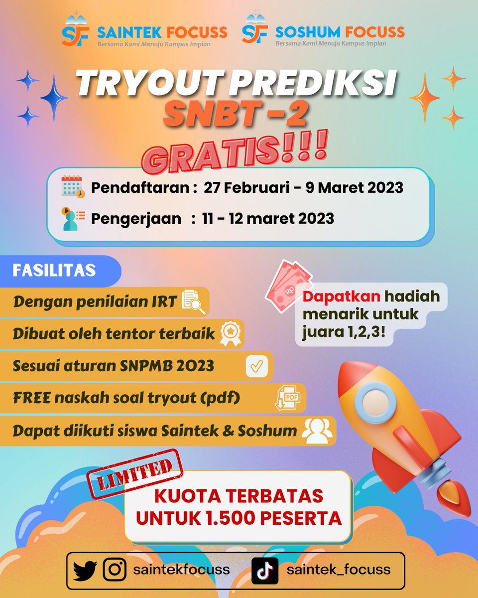 SaintekFocuss's tweet photo. 🔥Pendaftaran Try Out Prediksi SNBT-2 Saintek Focuss DIBUKA🔥

📆Pendaftaran: 27 Februari-9 Maret 2023
📝Pengerjaan: 11-12 Maret 2023 

TO Saintek Focuss menggunakan aplikasi e-ujian CBT dan sudah Update berdasarkan arahan kemdikbud yang terdiri dari 7 Substest

Kuyy Daftar! https://t.co/LIWAMVjvZD