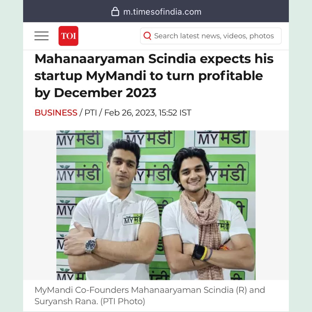 My Mandi Online (@mymandionline) on Twitter photo Mahanaaryaman Scindia and Suryansh Rana, co-founders of My Mandi, spoke with The Times of India about their plans for the company and provided a glimpse into what the future holds.
Read more: timesofindia.indiatimes.com/business/start…
<a href="/AScindia/">Mahanaaryaman Scindia</a>
#agritech #startupindia Mahanaaryaman Scindia and Suryansh Rana, co-founders of My Mandi, spoke with The Times of India about their plans for the company and provided a glimpse into what the future holds.
Read more: timesofindia.indiatimes.com/business/start…
<a href="/AScindia/">Mahanaaryaman Scindia</a>
#agritech #startupindia