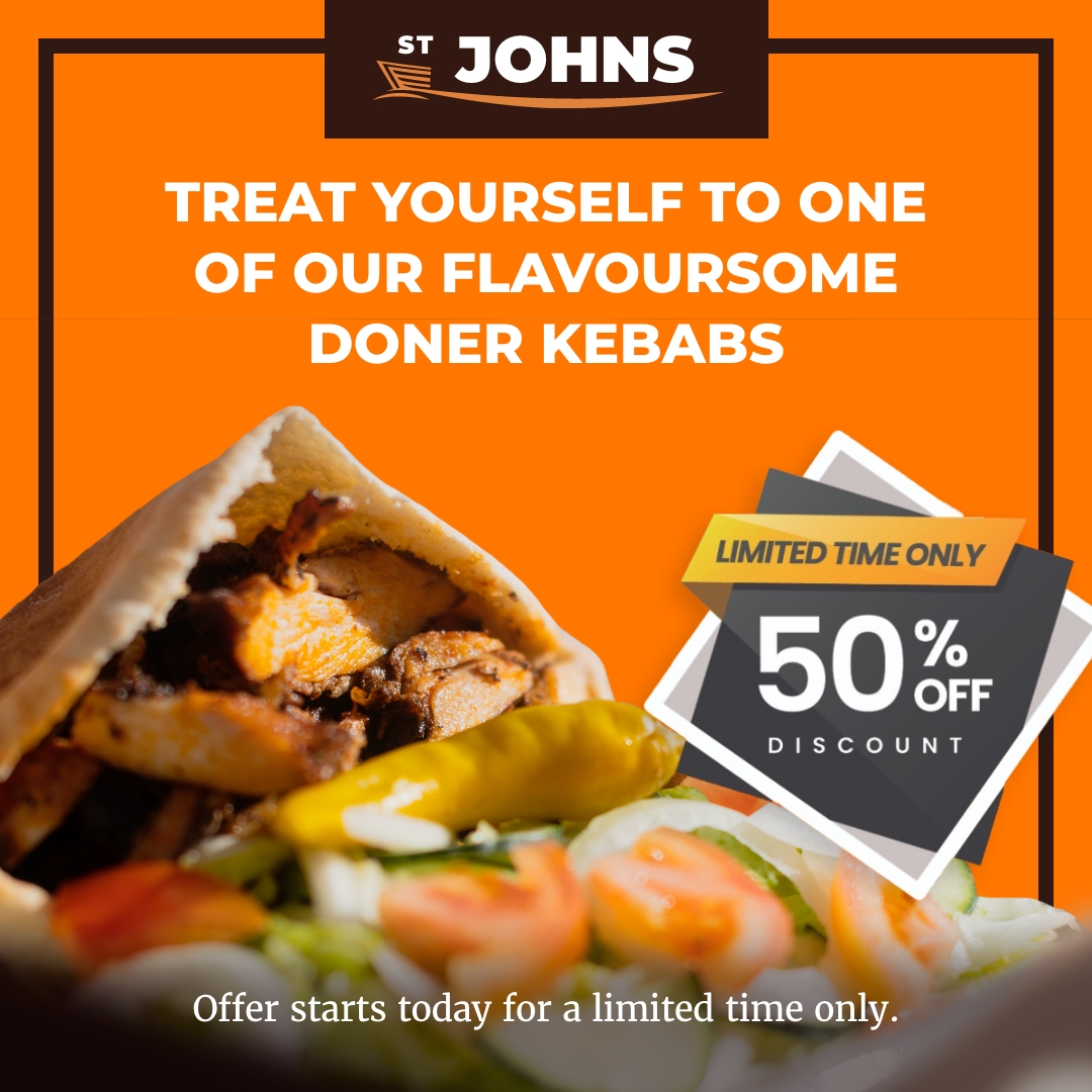 Craving a flavoursome doner kebab? 😍

We’ve got just the thing for you, from today all of our doner kebabs are HALF PRICE! 

Treat yourself and enjoy our tasty offer, available for a limited time only. 😋

stjohns-fishbar.co.uk/wp-content/upl…

#stjohnsfishbar #warwickfishandchips