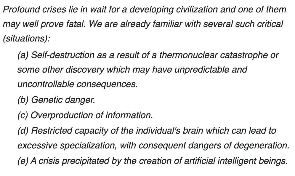 Astrophysicist Iosif Shklovsky's predictions of human extinction scenarios, made in 1965: