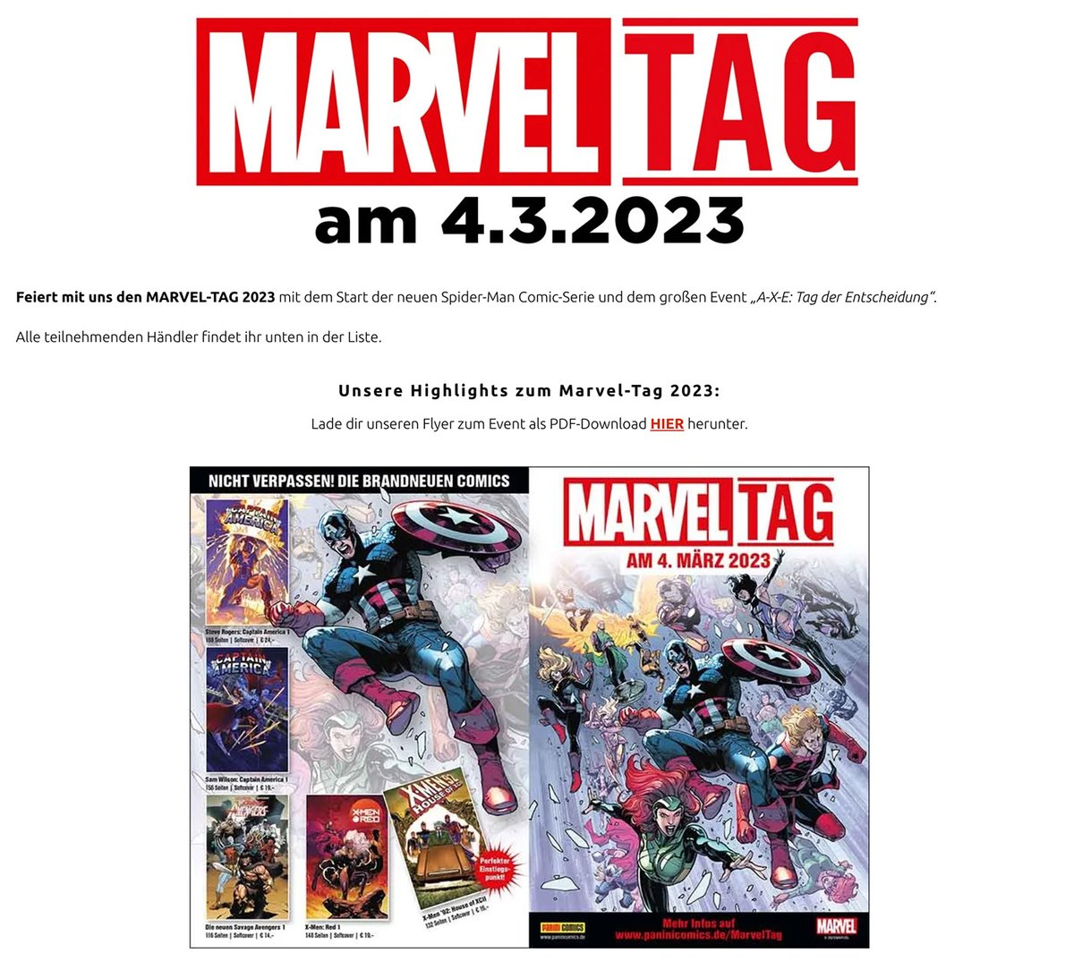 PaniniVerlag's tweet photo. Am 4. März ist ... #MarvelTag! ✨🎉🎊
Schaut ihr vorbei?
Infos zu den Aktionen und Extras sowie den Flyer zum Anschauen findet ihr auf unserer Übersichtsseite:
https://t.co/UR8BhAIbm7
#MarvelComics #comic #comics https://t.co/y6flMUEj4t