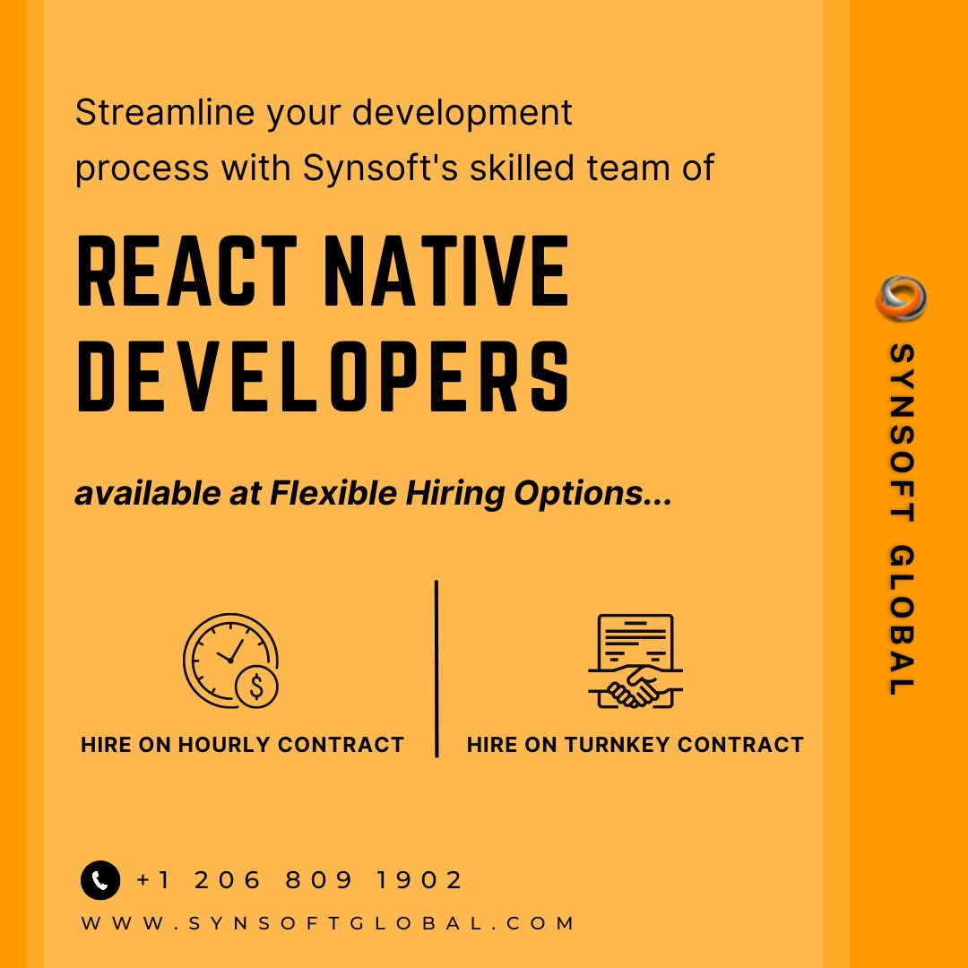 synsoftglobal's tweet image. Flexible Hiring Options:

📞+1 206 809 1902
📧inquiry@synsoftglobal.com
🌐synsoftglobal.com/engagement-mod…

#mobileappdeveloper #mobileappdevelopment #flexiblehiring #hirereactnative #reactnativedevelopment #crossplatformdevelopment #hourlycontract #turnkeyprojects #outsourcedevelopment