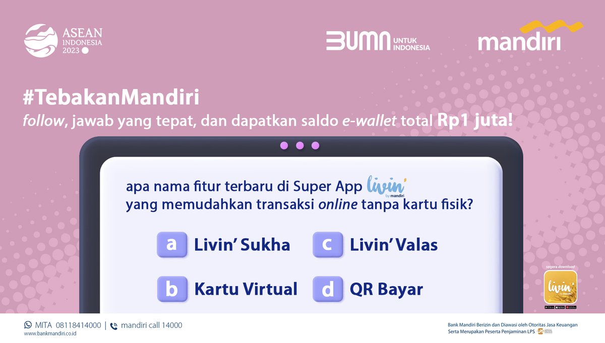 Ada saldo e-wallet total Rp1 juta nih buat kamu! Cukup jawab pertanyaan ini dengan tepat dan reply tweet ini dengan jawaban kamu plus hashtag #TebakanMandiri!

Periode hingga 2 Maret 2023. Info: bmri.id/tmfbtw

#LivingaLivelyLife #KuisBerhadiah