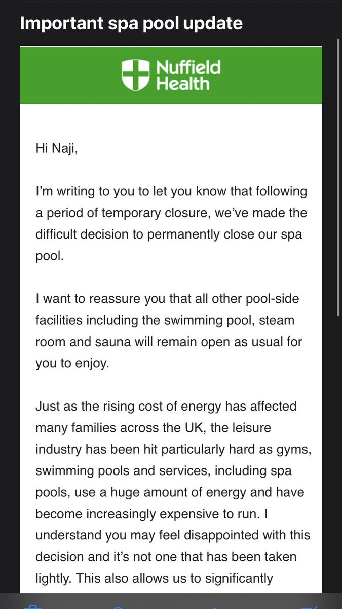 Naj_Tilley3's tweet image. @NuffieldHealth We pay you money for a service. You temporarily take away a key element of that service, shortly after asking us to pay you more money, only for you to now do so permanently. I take it we can all expect a significant reduction. It doesn’t work both ways.