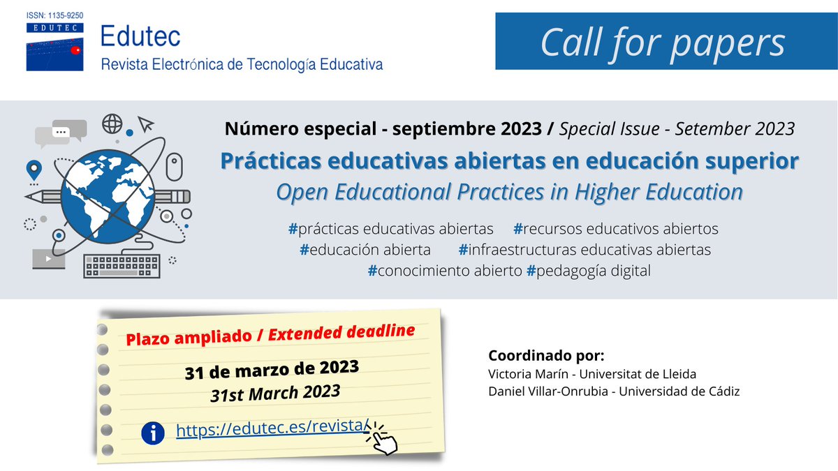 Call for papers #CfP para el número especial de la revista <a href="/_edutec_/">EDUTEC</a>: Prácticas educativas abiertas en educación superior ¡AMPLIADO! (hasta el 31 de marzo 2023) // Publicación: Septiembre 2023. Ver detalles: edutec.es/revista/index.… #OER #OEP #educacionsuperior #educacionabierta