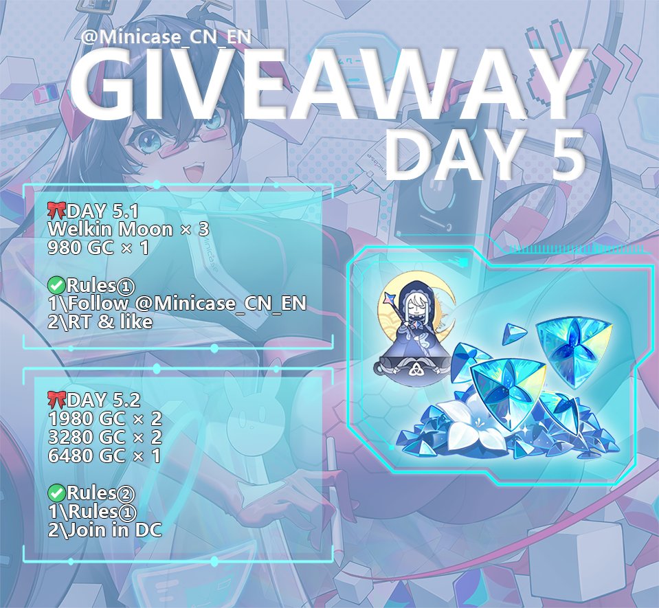 Minicase_CN_EN's tweet photo. 🎁Genshin Giveaway FOR 5 DAYS!!🎁

🎀DAY 5.1
💎5 welkins 
💎980 GC
✅Rules1⃣
1\Follow @Minicase_CN_EN
2\RT &amp; like

🎀DAY 5.2
💎1980 GC x 2
💎3280 GC x 2
💎6480 GC x 1
✅Rules2⃣
1\Rules1⃣
2\Join in DC: https://t.co/U2Bt2fA8zI

⏰72H
#genshinimpact #welkingiveaway #genshingiveaway https://t.co/dT4Zxot4Ui