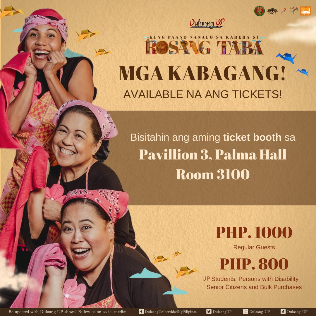 dulaang_up's tweet photo. Isa... dalawa... TAKBO! 💨

Halina sa Palma Hall (Room 3100, Pavillion 3) dahil bukás na ang aming physical ticket booth mula 10AM hanggang 5PM, Martes hanggang Biyernes! 🎟😋

Makisaksi sa umaatikabong labanan ni Rosang Taba at Pietrado. Kapana-panabik ito! 

#DUPRosangTaba https://t.co/gtTAjD2faB