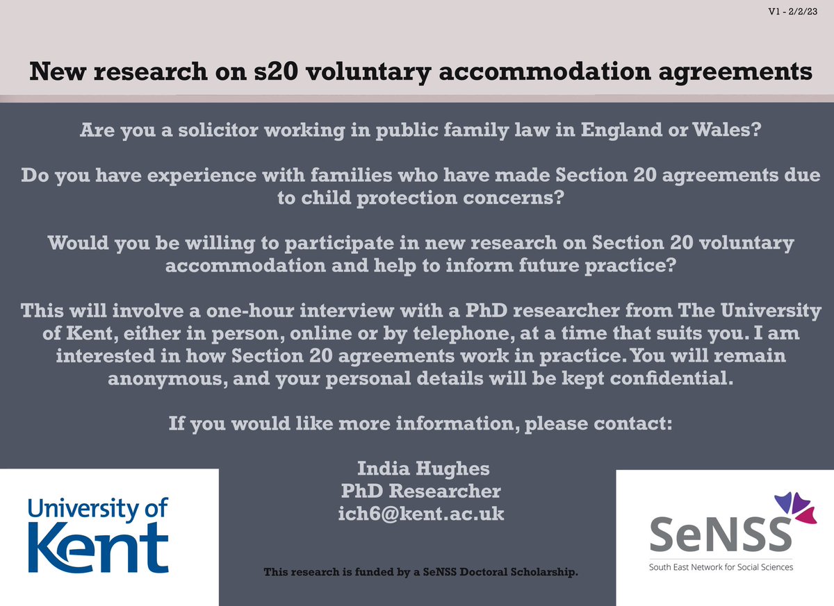 I am looking for child care solicitors who would be willing to have a short interview with me for my research on s20 agreements. Please see below and share if possible!