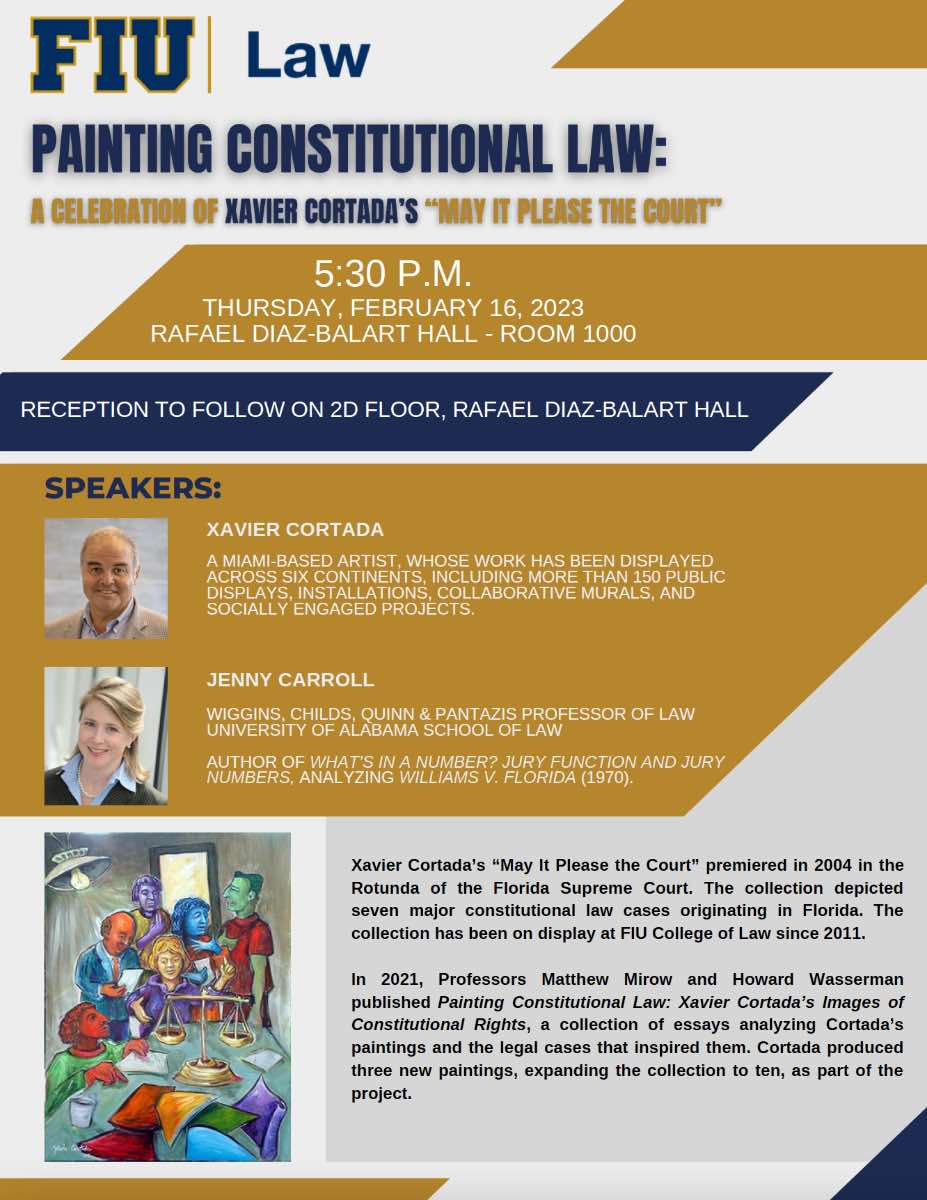 Join me tomorrow night at @fiulaw for an exhibition of “May It Please the Court" and a conversation with a contributor to "Painting Constitutional Law," Jenny Wiggins, Professor of Law at <a href="/UALawSchool/">The University of Alabama School of Law</a>

RSVP here: fiu.qualtrics.com/jfe/form/SV_0w…
