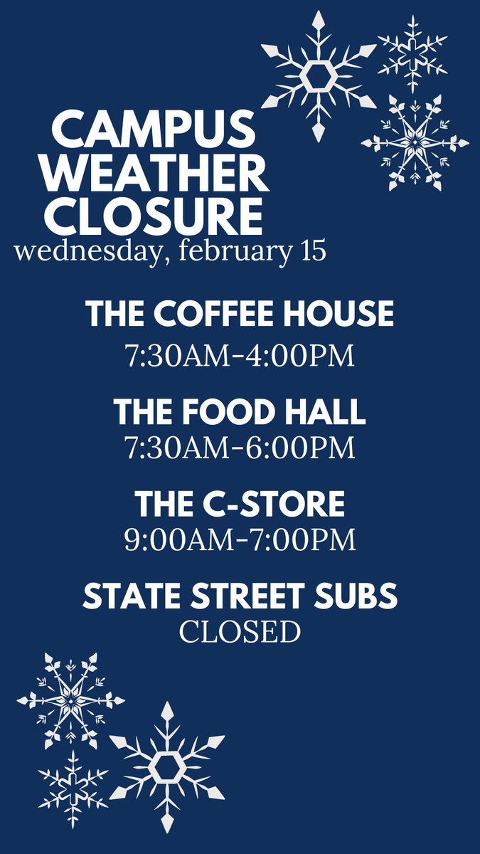Due to the current weather conditions and the SMSU campus closure, all Mustang Dining locations will have altered hours of service today❄️ Check the graphic below to see what our hours will be today!