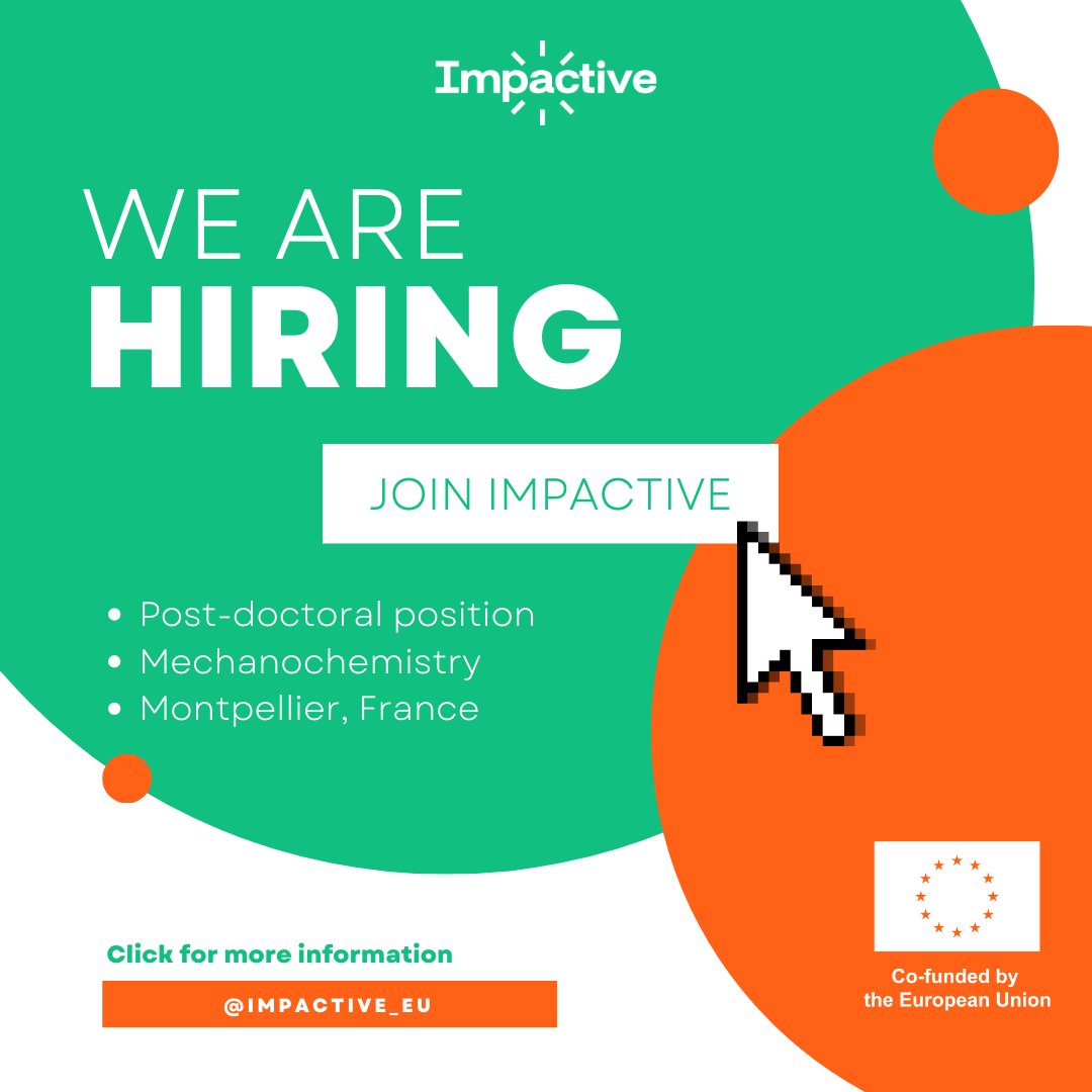 🚀We're #hiring!

If you are looking for #postdocjobs in chemistry, work with <a href="/ColacinoEvelina/">Evelina Colacino</a> on our project:
📅Apply by 16/04/23
💸 2000-2200 €/month net salary
📍 Montpellier, France 🇫🇷

More info: mechanochemistry.eu/job-offers/202…

#chemtwitter #mechanochemistry #phdlife #chemjobs