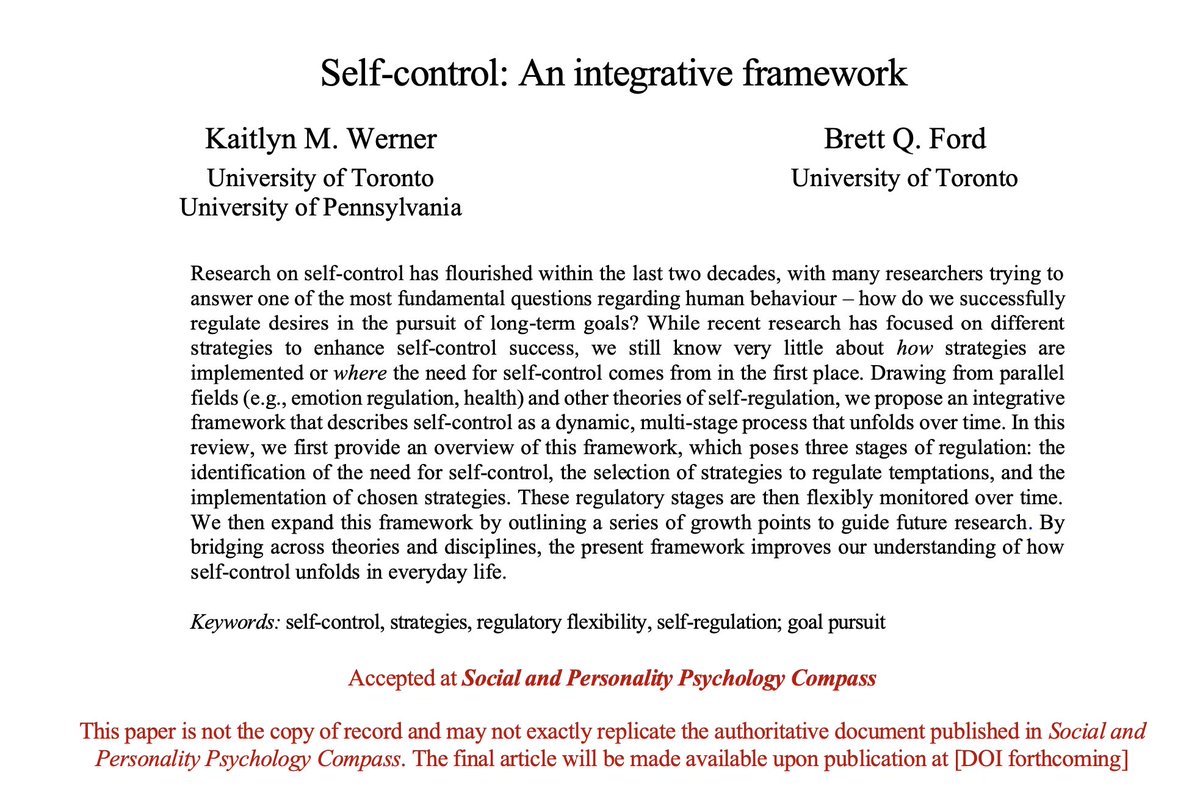 Kaitlyn M. Werner, PhD (@kaitlynmwerner) on Twitter photo I’m super excited to share that our paper has been accepted at Social and Personality Psychology Compass! Together w/<a href="/BrettQFord/">Brett Q Ford</a>, we outline a framework describing self-control (SC) as a dynamic multistage process. We also identify several growth points for the field. 1/14 I’m super excited to share that our paper has been accepted at Social and Personality Psychology Compass! Together w/<a href="/BrettQFord/">Brett Q Ford</a>, we outline a framework describing self-control (SC) as a dynamic multistage process. We also identify several growth points for the field. 1/14