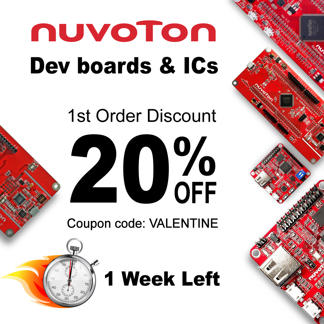 techdesign_com's tweet image. 1 Week Left to save 20% Off on #Nuvoton #microcontrollers, #microprocessors, and #DevelopmentBoards! 
#Coupon code: VALENTINE
Buy Dev Boards: bit.ly/3ledcVd
Buy MCUs: bit.ly/3jOkSxc
Visit Nuvoton store: bit.ly/3GBlfCO