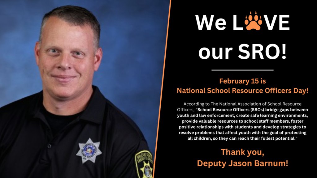 February 15th is National School Resource Officer Day! SROs are valuable and essential members of the education community, and go above and beyond  in the pursuit of keeping schools and students safe. Thank you, Deputy Barnum! #SchoolResourceOfficerAppreciationDay
