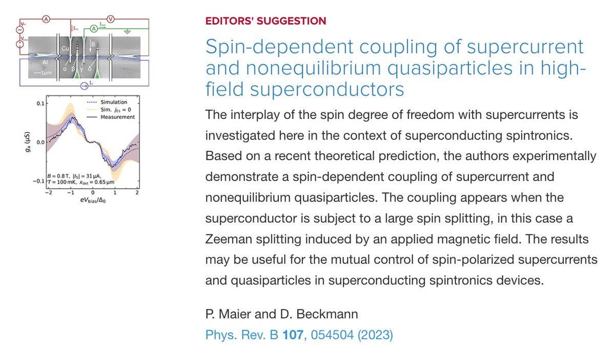 PhysRevB's tweet photo. PRB Editors' Suggestion: #Spin-dependent coupling of #supercurrent and nonequilibrium #quasiparticles in high-field #superconductors
P. Maier and D. Beckmann
Phys. Rev. B 107, 054504
➡️ https://t.co/C5lexJzkB3
#physics #condmat #EdSugg @APSPhysics https://t.co/qAlwFt8dZx