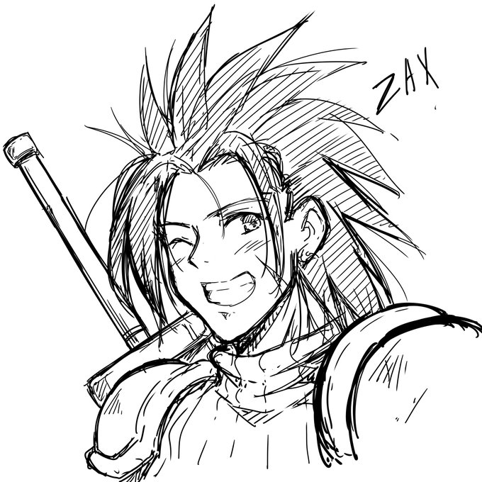ザックス落書き。当時よく読んでた同人誌の影響か、こんくらい人懐っこい笑顔のイメージ。 