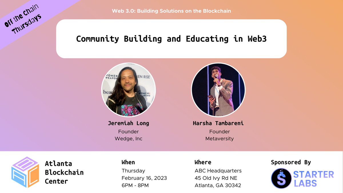 AtlantaChain's tweet photo. 🚀 TOMORROW: #OTCThursdays @AtlantaChain with 2 #ImmutableFounders, @_jdl from Wedge, Inc and @h_tambareni from @Metaversity_.

🧠 Learn how they're taking community building and educating seriously in #web3.

🎟️ RSVP: https://t.co/F7kuRxeEny
@StarterLabsHQ https://t.co/m4UN8x3VrE