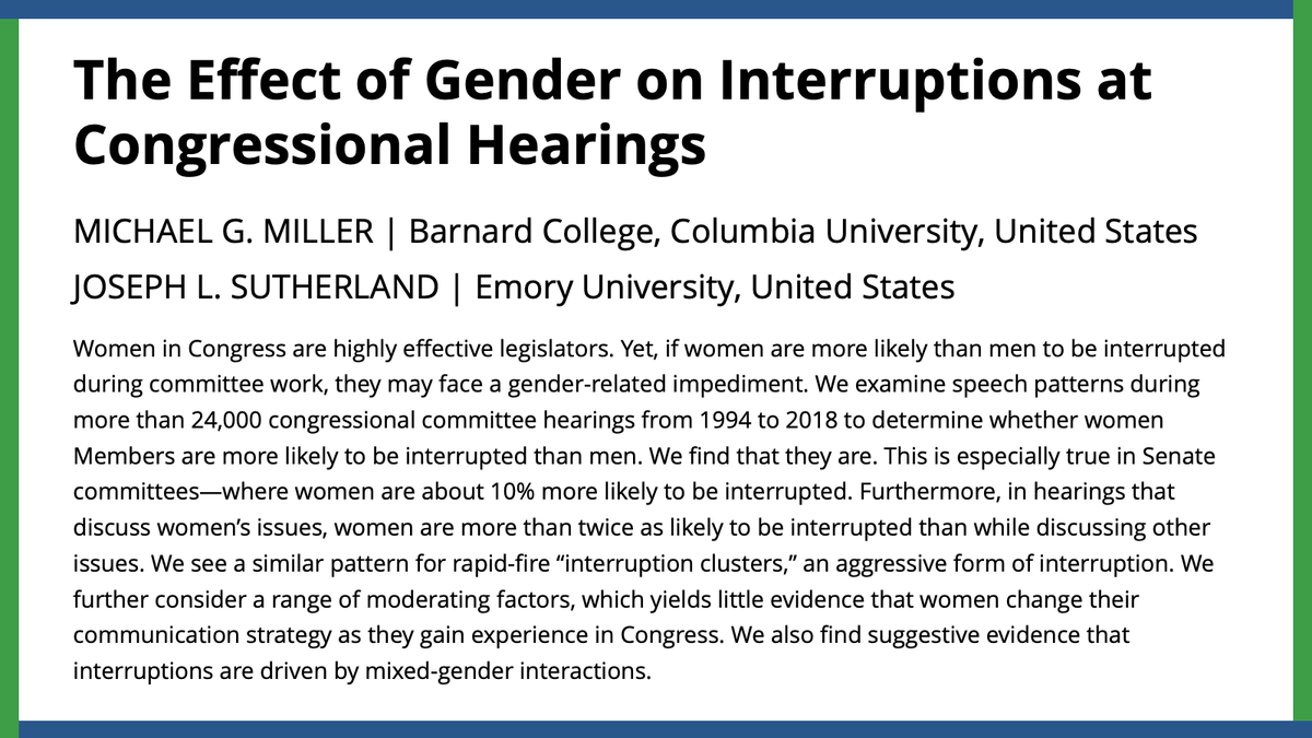 apsrjournal's tweet photo. Do women experience more difficulty in communicating ideas to Congress? Analyzing colleague interruptions, @michaelgmiller &amp; @DrJoeSutherland find women are significantly more likely to be interrupted. Read more in the #APSRNewIssue.
#PoliSciResearch

https://t.co/Hir8vUeqKx https://t.co/utJtyMYqhK