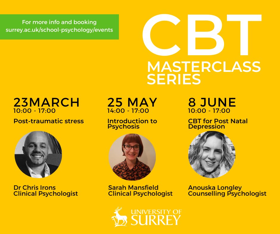 We’re delighted to announce new dates for our #CBTMasterclassSeries. Subjects covered in this series include #posttraumaticstress #introductiontopsychosis #CBTforPostNatalDepression

Find out more | surrey.ac.uk/school-psychol…