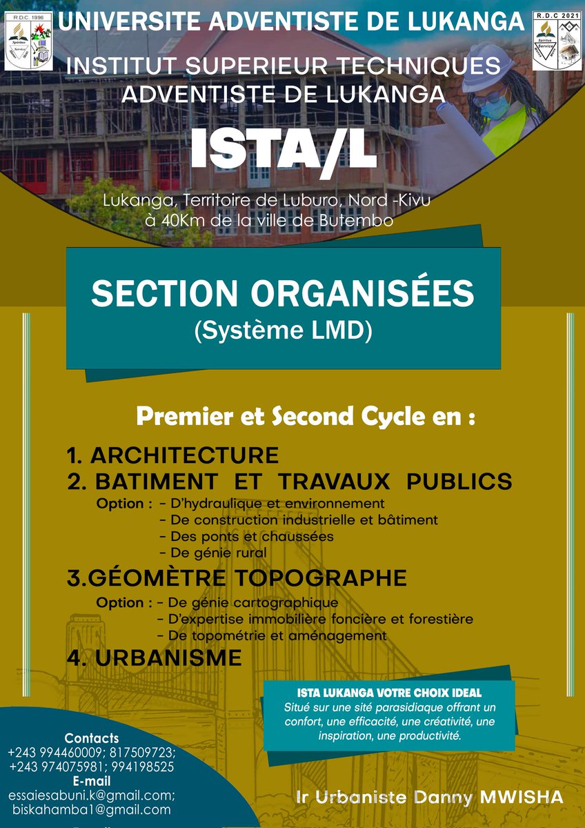 DannyMwisha's tweet photo. L'institut Supérieur Techniques Adventiste de LUKANGA,vous invites à venir prendre l'inscription aux seins des sections qu'elle Organise au Premier et second cycle durant cette année académique 2022-2023. Choisir l'ISTA/L Ce faire un choix excellent https://t.co/nxsDPhQNbX