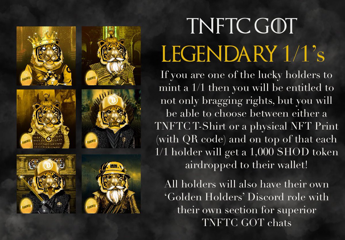 NewFacedTigers's tweet photo. Some more info regarding the 6 Legendary 1/1’s within the latest TNFTC GOT collection. 🐯🫶

Good luck to all the minters! 🙏

https://t.co/2RiNzaGBfp

#nft #nftart #mftcommunity #nftutility #hod #newfacedtigers $HOD #BNB #LMNFT https://t.co/arzFtNIhW2