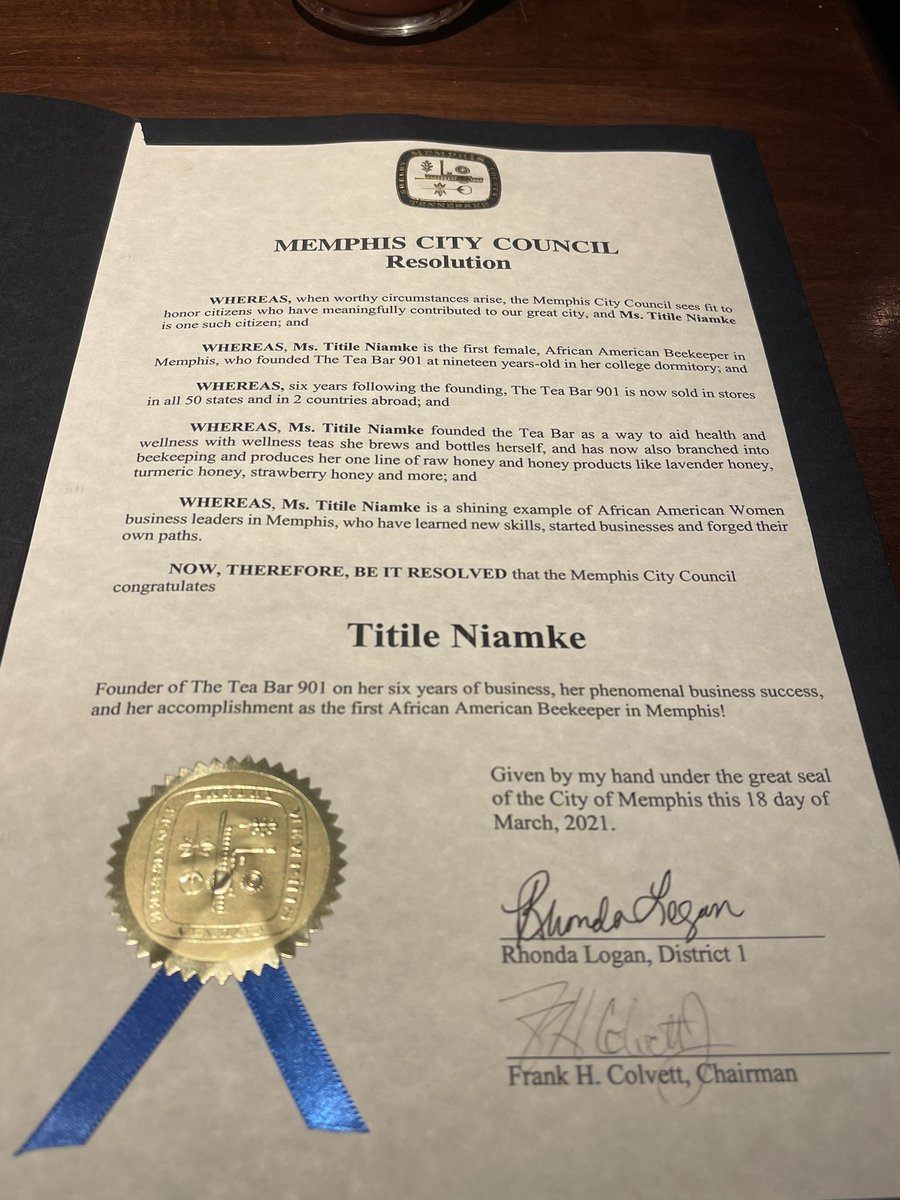 The Memphis City Coucil issued myself &amp; <a href="/theteabar901/">The Tea Bar 901</a> a history documenting resolution for being the 1st female African American beekeeper in Memphis! 🙌🏾🍯
Happy BHM from myself &amp; The Tea Bar 901 🍯

Grab your honey here: theteabar901.com  
Use code “history10” for 10% off