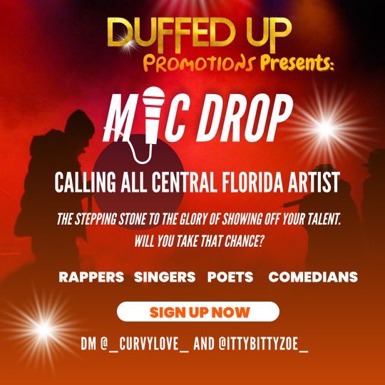 Do you have what it takes to make the mic drop? Well we have the perfect opportunity for you‼️

<a href="/DuffedUpPromo/">DuffedUp Forever🔶</a> Presents: 
M🎤C DROP‼️ Calling all POETS, SINGERS, RAPPERS, &amp; COMEDIANS, etc.🗣 The perfect moment is now. Dm <a href="/Tiny_Dancer_Lia/">Taliah Janelle🤞🏾 🦋🤍</a> &amp; <a href="/ittybittyzoe/">𝒵🧚🏾</a> in order to drop the mic‼️