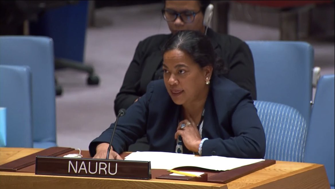 NauruMissionUN's tweet photo. Amb. Deiye delivered a statement on behalf of the GOF on Climate & Security at the UNSC open debate on Sea-Level Rise & its security implications. “SLR poses a substantial threat to island & coastal states. The global community must keep a 1.5🌡️limit to temp. rise within reach”. https://t.co/LGvKoJfouu