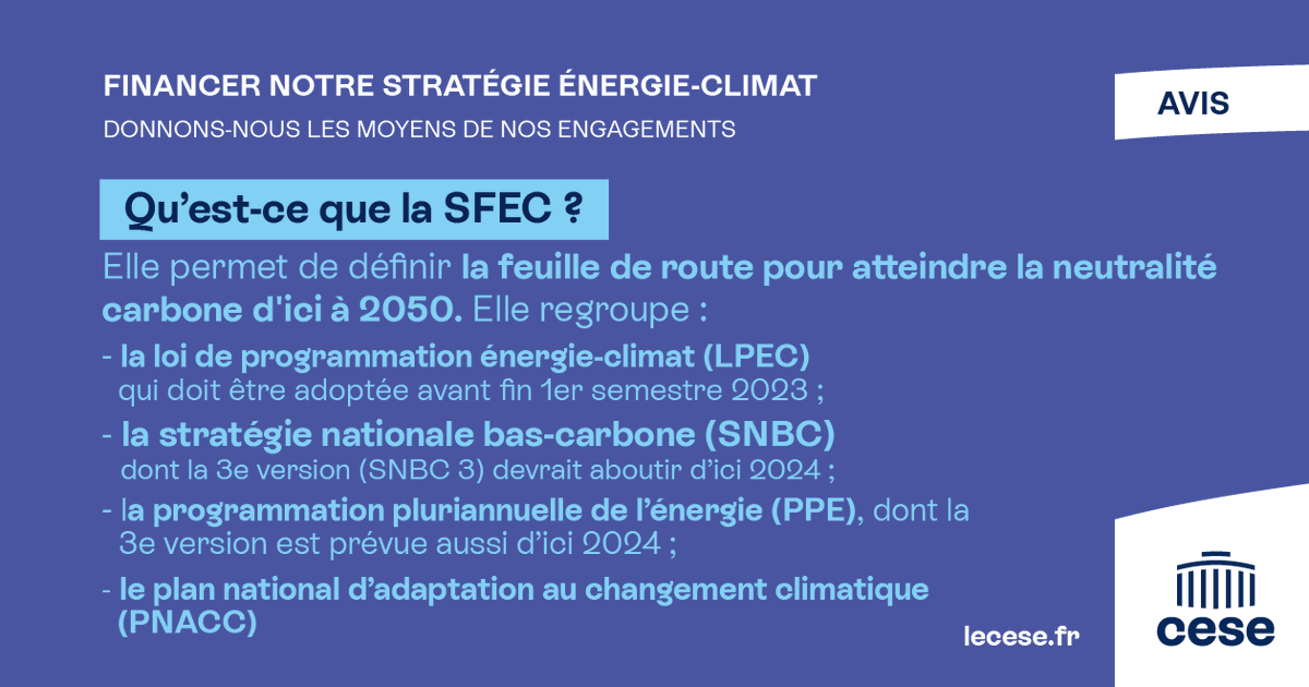 🔴Séance #financement SFEC
La rapporteure <a href="/JGrimlt/">Julia Grimault</a> présente le projet d’avis 
« Financer notre Stratégie Énergie-Climat : donnons-nous les moyens de nos engagements ». 
Qu'est-ce que la SFEC ?