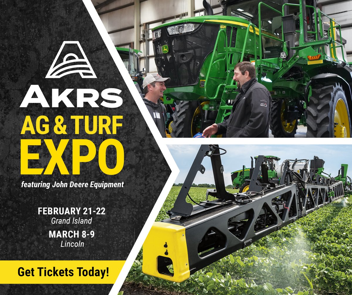 AKRS_Equipment's tweet photo. Interested in John Deere’s newest tractors? Sprayers? Combines? Mowers?

Come to AKRS’ Expo in Grand Island on February 21st and 22nd or in Lincoln on 
March 8th and 9th to see the largest display of Deere equipment in the state! https://t.co/FkV3pEHVHr