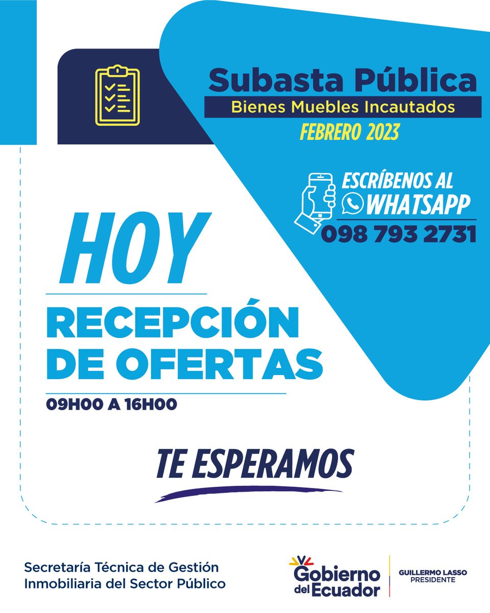 inmobiliarec's tweet photo. HOY | Entrega tu oferta y participa en la #SubastaPública2023 de Bienes Muebles Incautados que #Inmobiliar realizará este mes. 🚗🛋️🚢

⏰ 09:00 a 16:00 
📍 Oficinas de #Quito, #Guayaquil, #Cuenca y #Portoviejo.

Solicita más información👇

📲 https://t.co/hJmqoi29fu https://t.co/Qh08xFCwpp