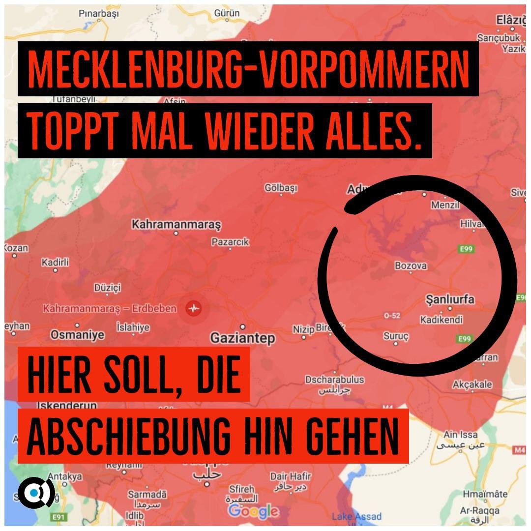 bleiberecht_mv's tweet photo. 1/2
M-V toppt mal wieder alles. Gestern wurde ein junger Mann aus dem @landkreisrostock festgenommen. Er soll heute in den Abschiebeknast in Glückstadt gebracht werden &amp; von dort mitten ins Erdbebengebiet in der Türkei/Kurdistan abgeschoben werden (Nähe Şanliurfa). https://t.co/NyHru54oRV