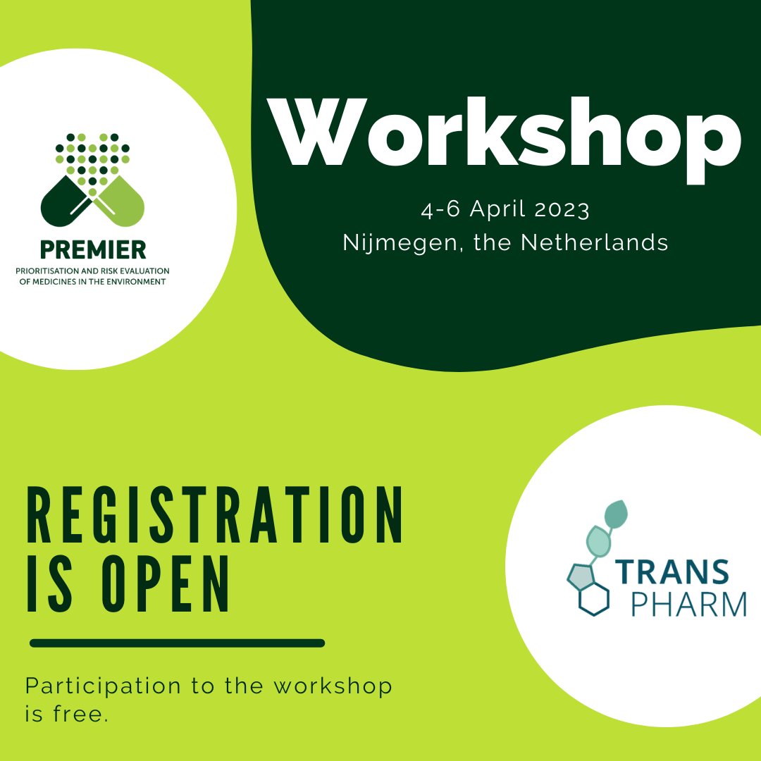 🥳Don’t miss the <a href="/PREMIERProject6/">PREMIER Project</a> and <a href="/TranspharmP/">TransPharm Horizon EU project</a> workshop: The transition towards sustainable pharmaceuticals – assessing sustainability, from design &amp; production to prescription &amp; use on 4-6 April 2023 in Nijmegen (Netherlands). Registration is opened: bit.ly/3xn6kaO