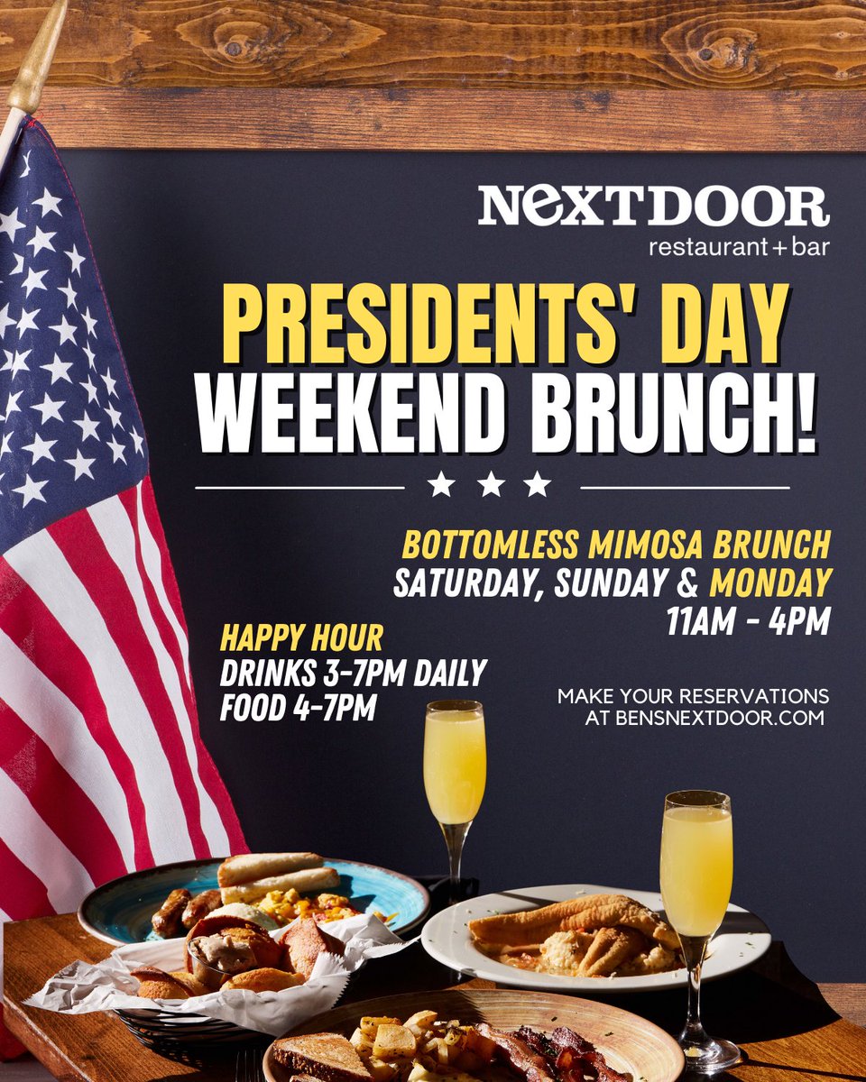 bensnextdoordc's tweet image. Get ready for Presidents' Day Weekend Brunch! 🥂🇺🇸 Join us for our BOTTOMLESS MIMOSA BRUNCH 11AM-4PM - Saturday, Sunday &amp;amp; Monday!! 🔥🍾 Make your reservations at BensNextDoor.com! 🍽️

#presidentday #presidentsdayweekend #restauranttable #supportlocal