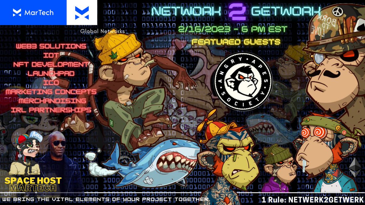 🏆Network2Getwork🏆6.00pm EST 2/16/2023. 
Featuring DoPe AF🔥🔥<a href="/AngryApesNFT/">Angry Apes Society</a> 🔥🔥
#nft #NFTCommuntiy #ETH #ethnft #Web3 #Network2Getwork
ReTweet♾
TaP In☮️
x.com/i/spaces/1dRKZ…