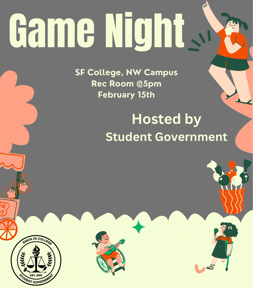 SFStudentLife's tweet image. Student Life and Student Government invite you to join us for Game Night on Wednesday, February 15 at 5 p.m. in the Rec Room, S-165 on NW Campus! 
There will be billiards, table tennis, foosball, card games, board games, and video games! 

@SantaFeCollege