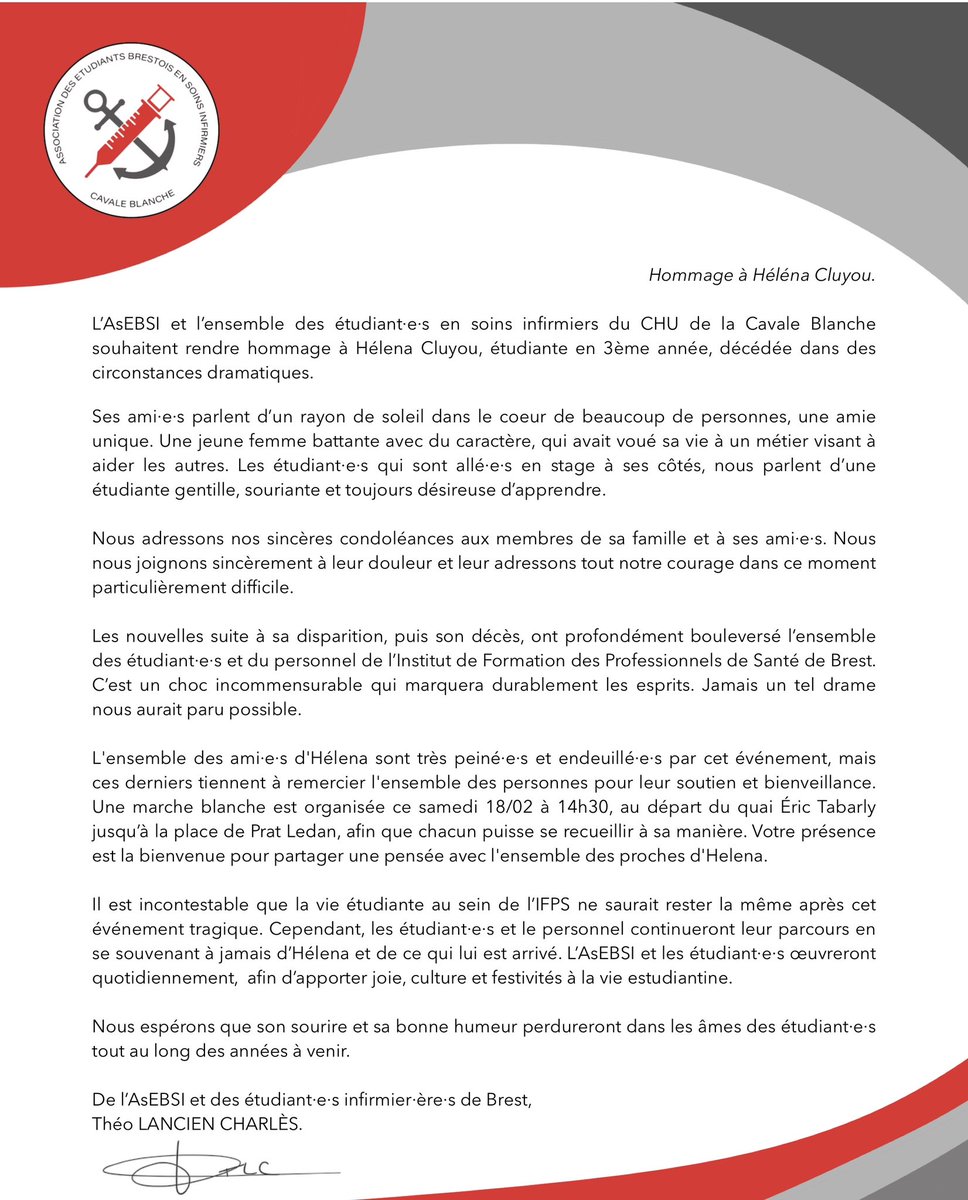 Suite au décès de Hélena Cluyou, étudiante en 3ème année au sein de notre Institut de Formation en Soins Infirmiers, nous tenions à lui rendre un hommage.