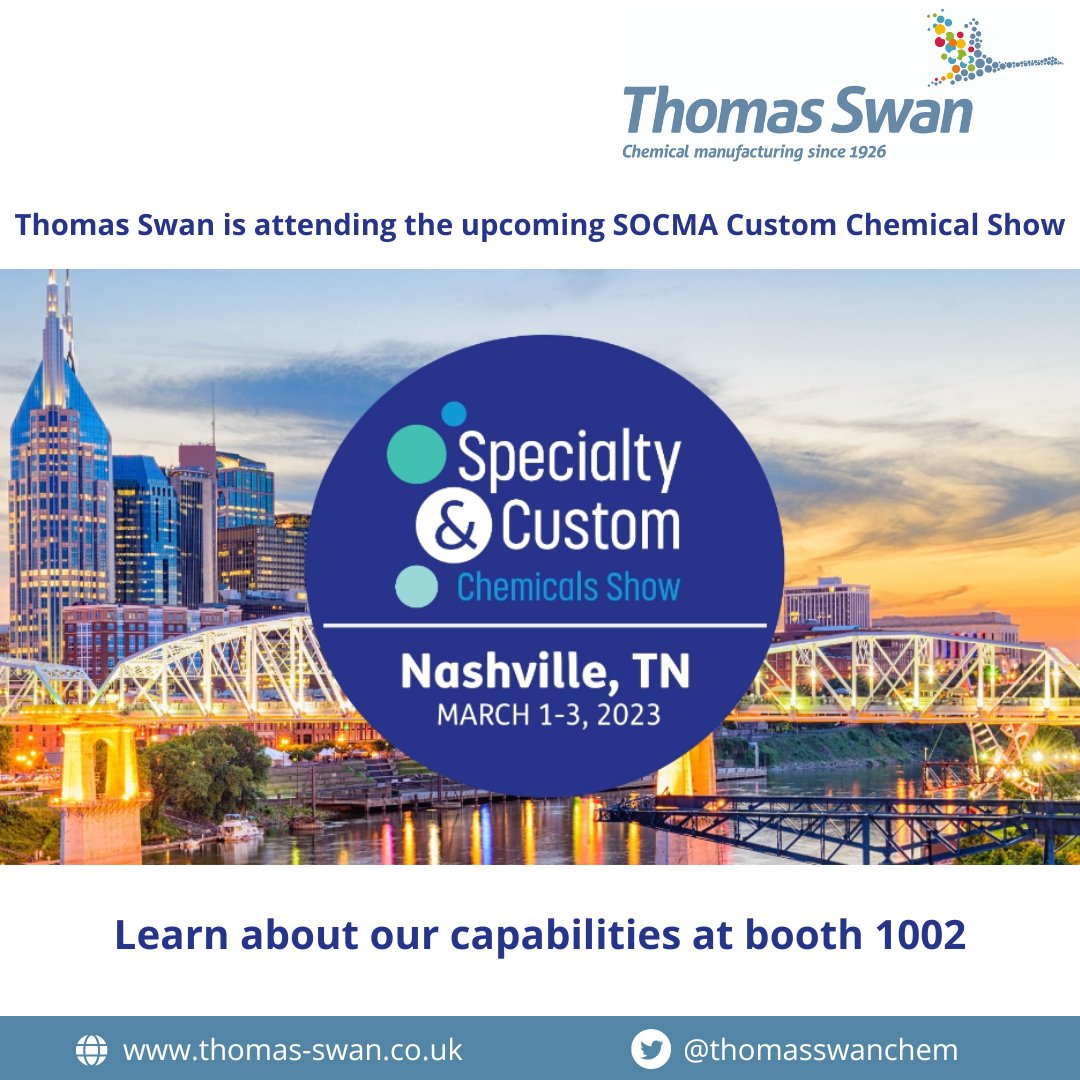 Thomas Swan will be at the <a href="/socma/">SOCMA</a>  Custom Chemical show from 1st-3rd March 2023. Come and learn about our capabilities at booth 1002 #thomasswan #SOCMA #customchemicals