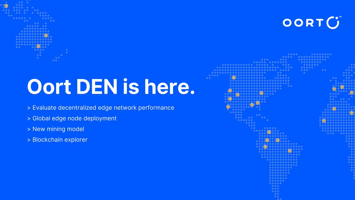 The Oort Decentralized Edge Network (Oort DEN) is here 🎊 

What does this signify 👇

Edge nodes around the globe can now join, contribute to, and be rewarded for participating in #OortEdgeMining ⚒️

In this new testnet, Ascraeus, we will carefully review and enhance Oort DEN so