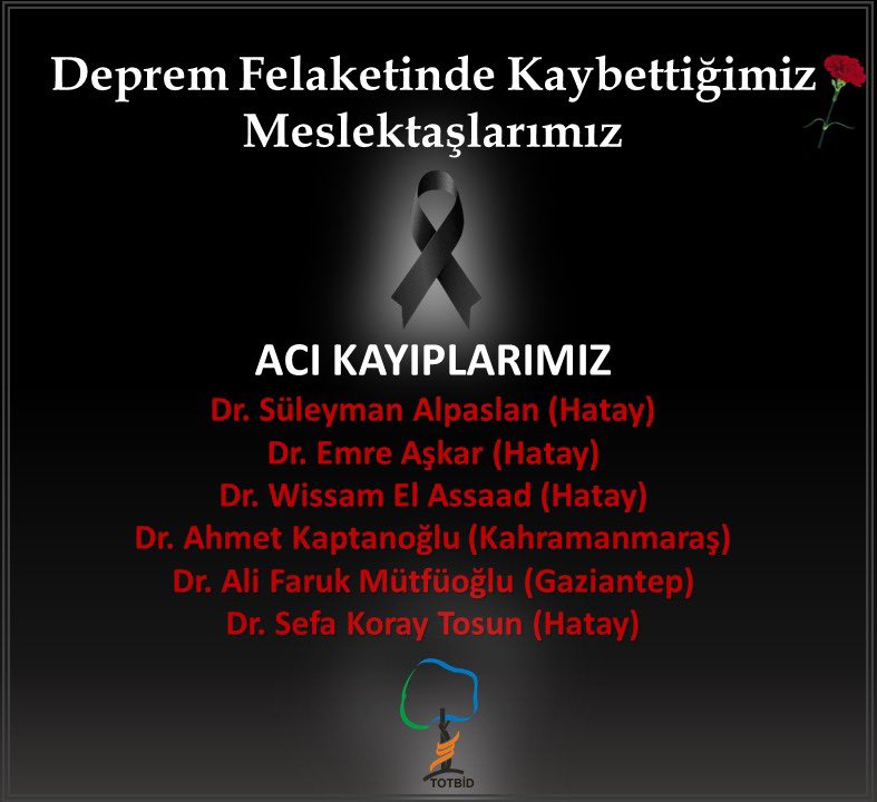 Deprem felaketinde kaybettiğimiz meslektaşlarımız.
ACI KAYIPLARIMIZ 
Dr. Süleyman Alpaslan 
Dr. Emre Aşkar 
Dr. Wissam El Assaad 
Dr. Ahmet Kaptanoğlu 
Dr. Ali Faruk Müftüoğlu 
Dr. Sefa Koray Tosun 
.
.
#totbid #ortopedivetravmatoloji #deprem