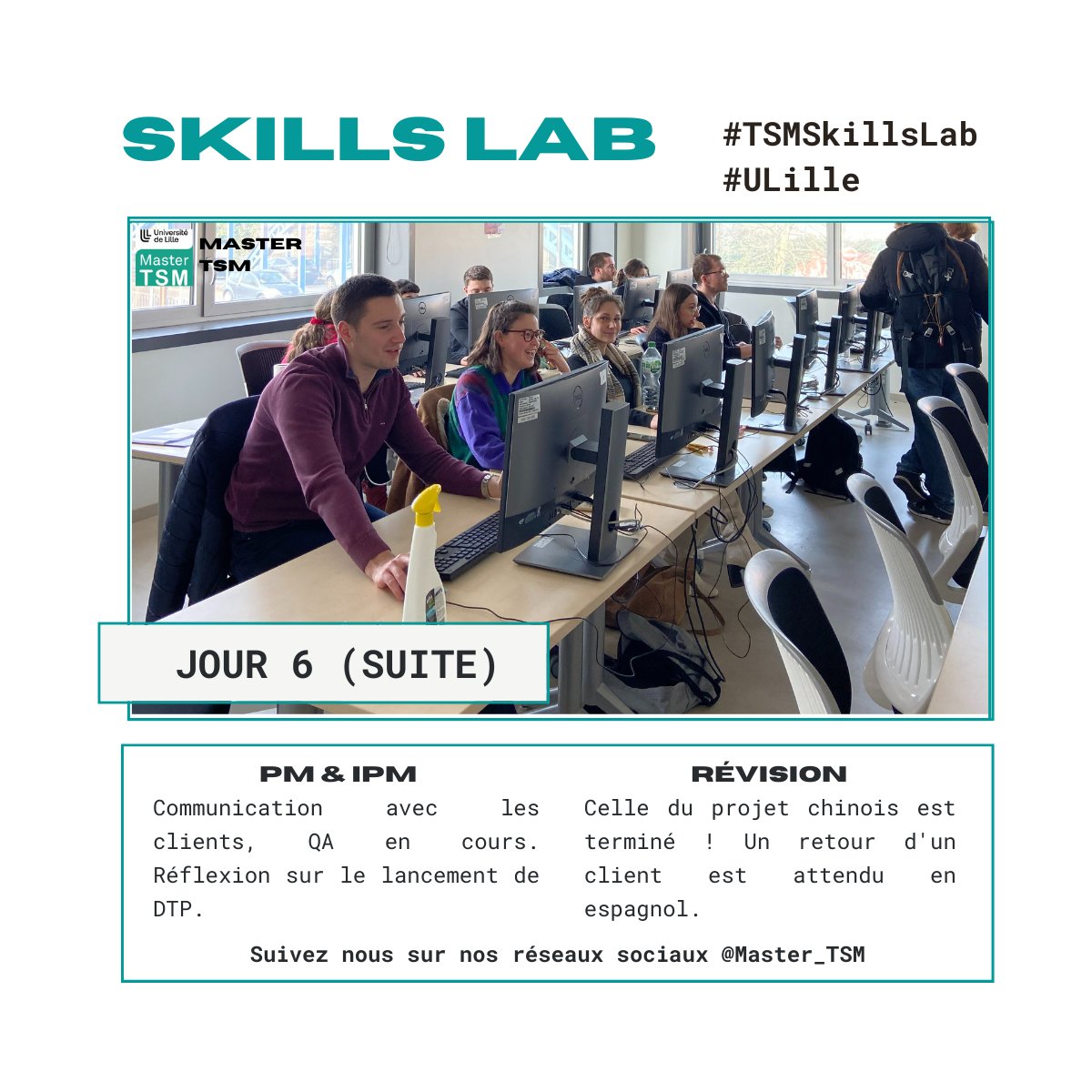 Master_TSM's tweet photo. #TSMSkillsLab #ULille Jour 6 (suite) 👋
Les révisions arrivent à leur fin ! Pour le projet d’espagnol, l’attente d’une réponse d’un client bloque le lancement du DTP. Pour le projet d’italien, la livraison ne devrait plus tarder ! 📑 https://t.co/WdLNaf9xXm