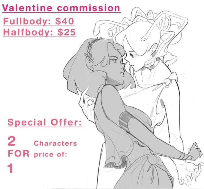 Hey hey! Its valentine and I'm doing Sketch works with a special offer: 2 characters for the price of 1! Hope I can make some cool pieces for yall this valentine. Thank you! 