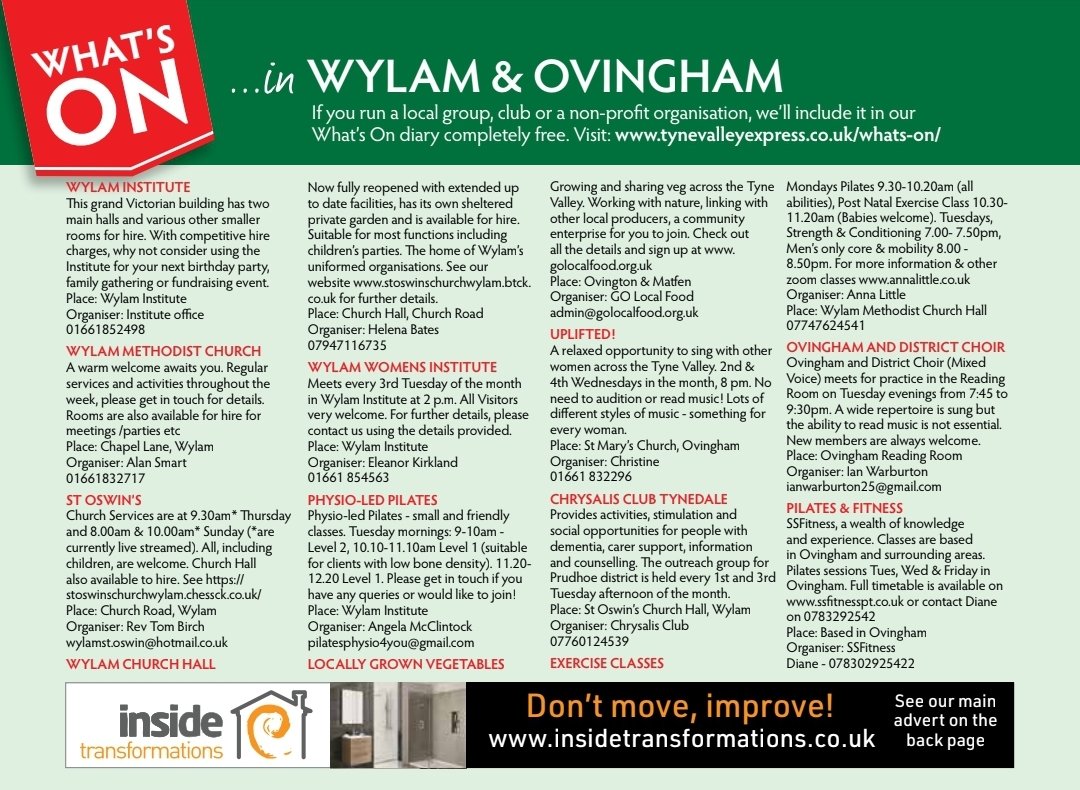 See What's On in Wylam and Ovingham! 

#whatson #supportlocal #localbusiness #wylam